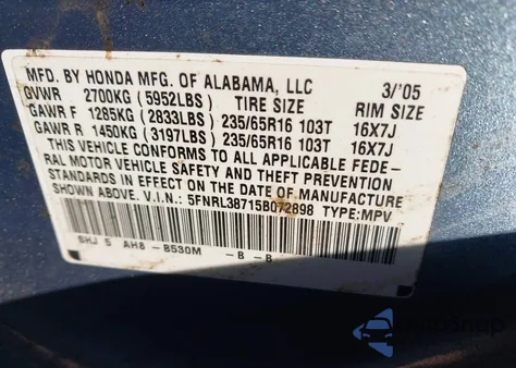 2005 Honda Odyssey Ex-L z USA, uszkodzony, nr VIN 5FNRL38715B072898